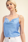 Blue Satin Cowl Neck Camisole Top