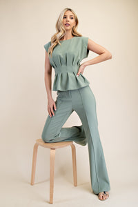 Green Pleated Sleeveless Top with Structured Fit