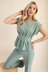 Green Pleated Sleeveless Top with Structured Fit