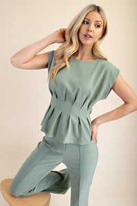 Green Pleated Sleeveless Top with Structured Fit