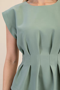 Green Pleated Sleeveless Top with Structured Fit