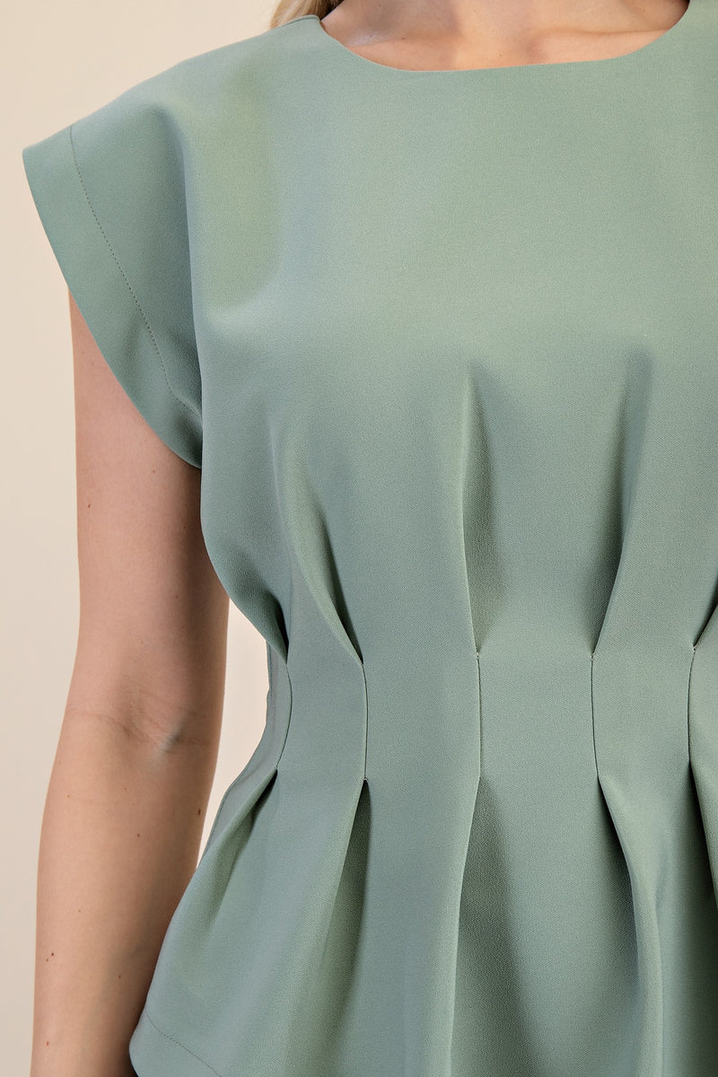 Green Pleated Sleeveless Top with Structured Fit
