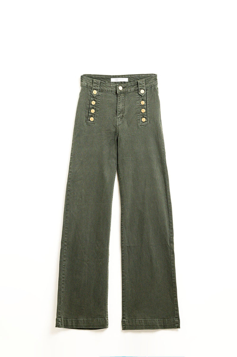 STRAIGHT MARINE STYLE JEANS WITH GOLDEN BUTTONS DETAILS GREEN