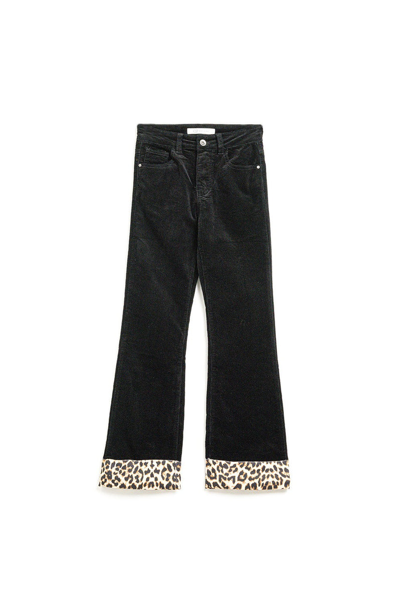 Black Corduroy Flare Pants with Leopard Cuff Detail