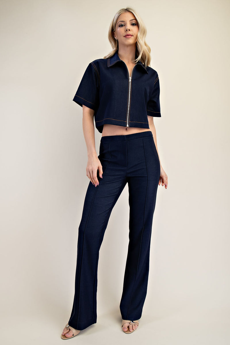 Navy Blue High-Waisted Flared Trousers with Seam Detailing