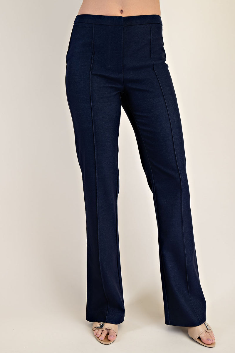 Navy Blue High-Waisted Flared Trousers with Seam Detailing