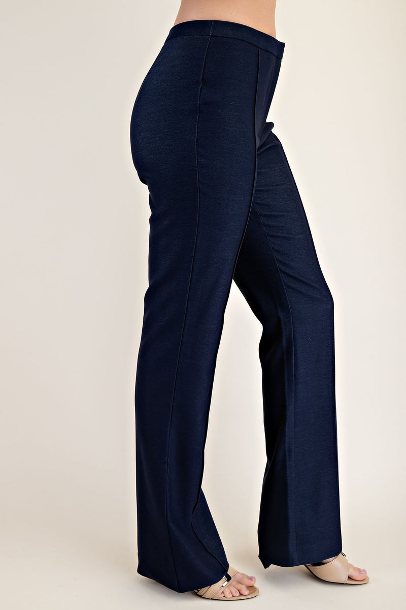 Navy Blue High-Waisted Flared Trousers with Seam Detailing