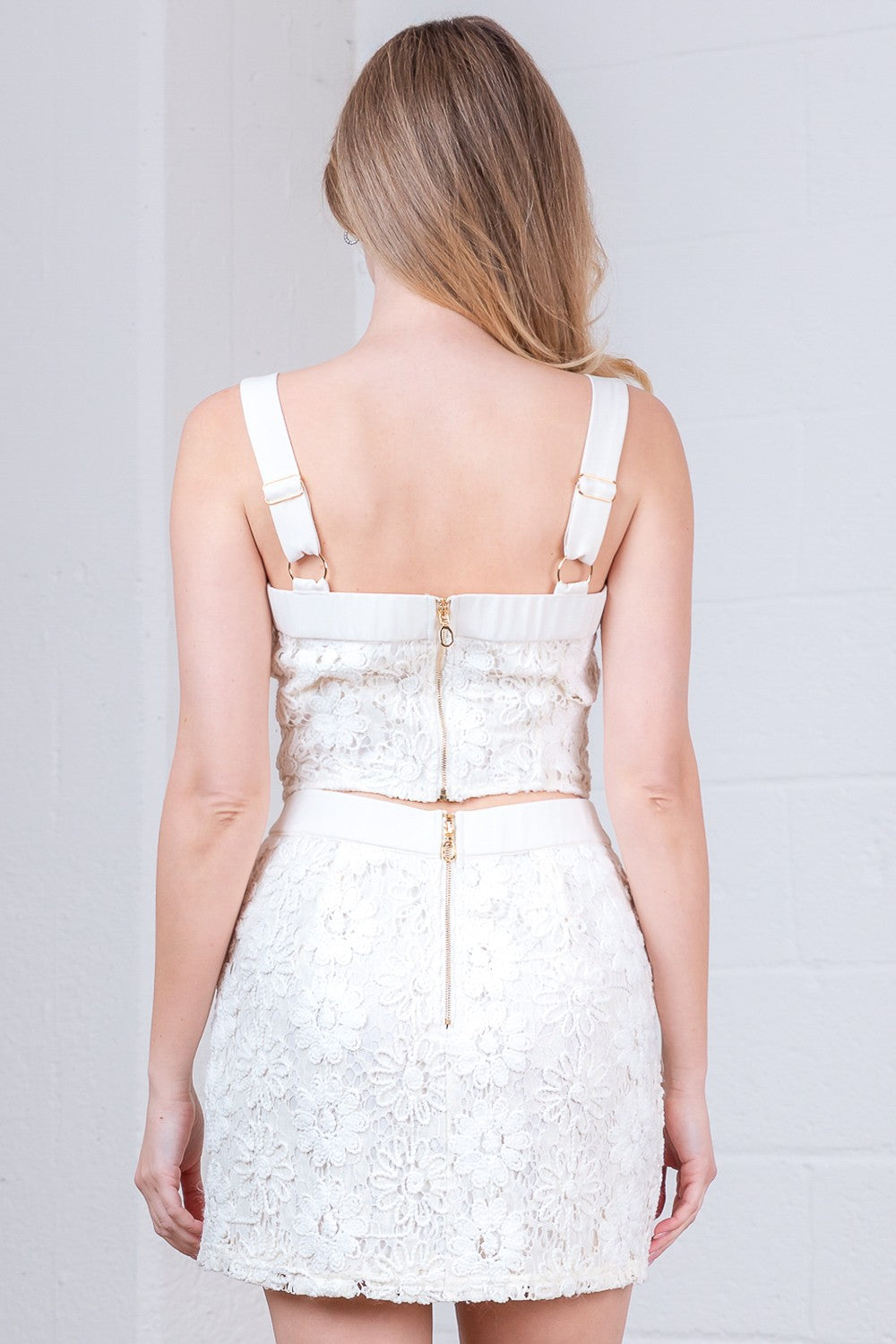 Ivory Floral Lace Crop Top and Mini Skirt Set