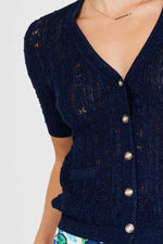 Sheer Knit Button-Up Cardigan - Navy