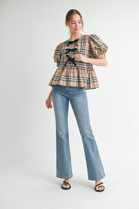 Plaid Puff Sleeve Top with Bow Details