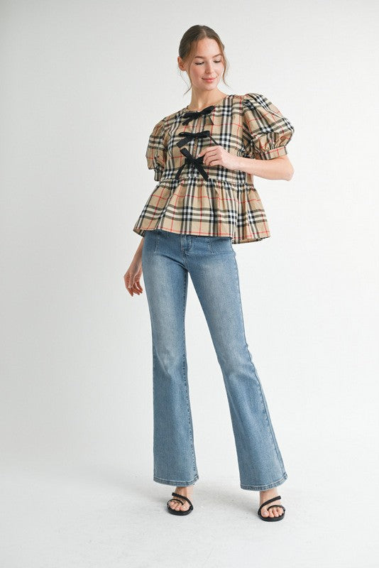 Plaid Puff Sleeve Top with Bow Details