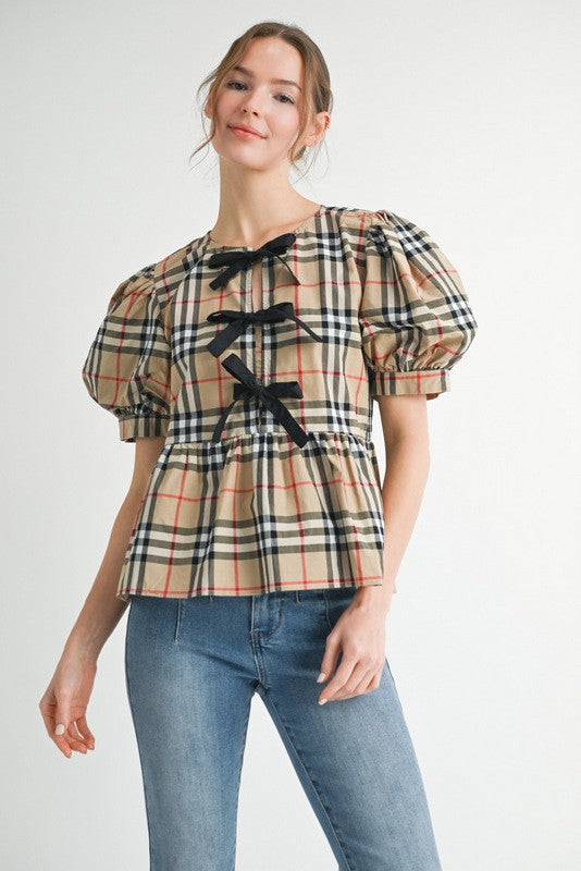 Plaid Puff Sleeve Top with Bow Details