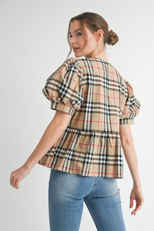 Plaid Puff Sleeve Top with Bow Details