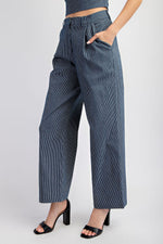 STRETCH DENIM STRIPE PLEAT WIDE LEG PANTS