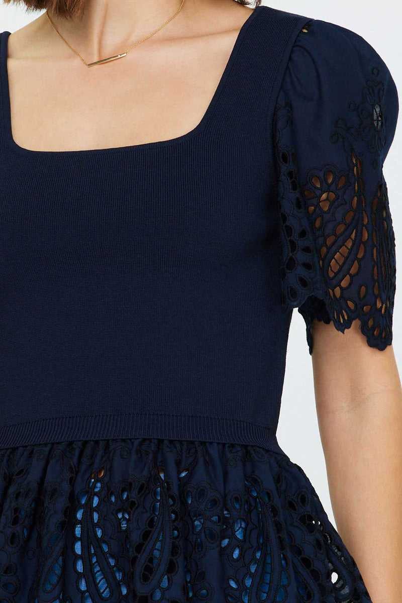 Embroidered Eyelet Puff Sleeve Peplum Top - Navy