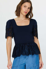 Embroidered Eyelet Puff Sleeve Peplum Top - Navy