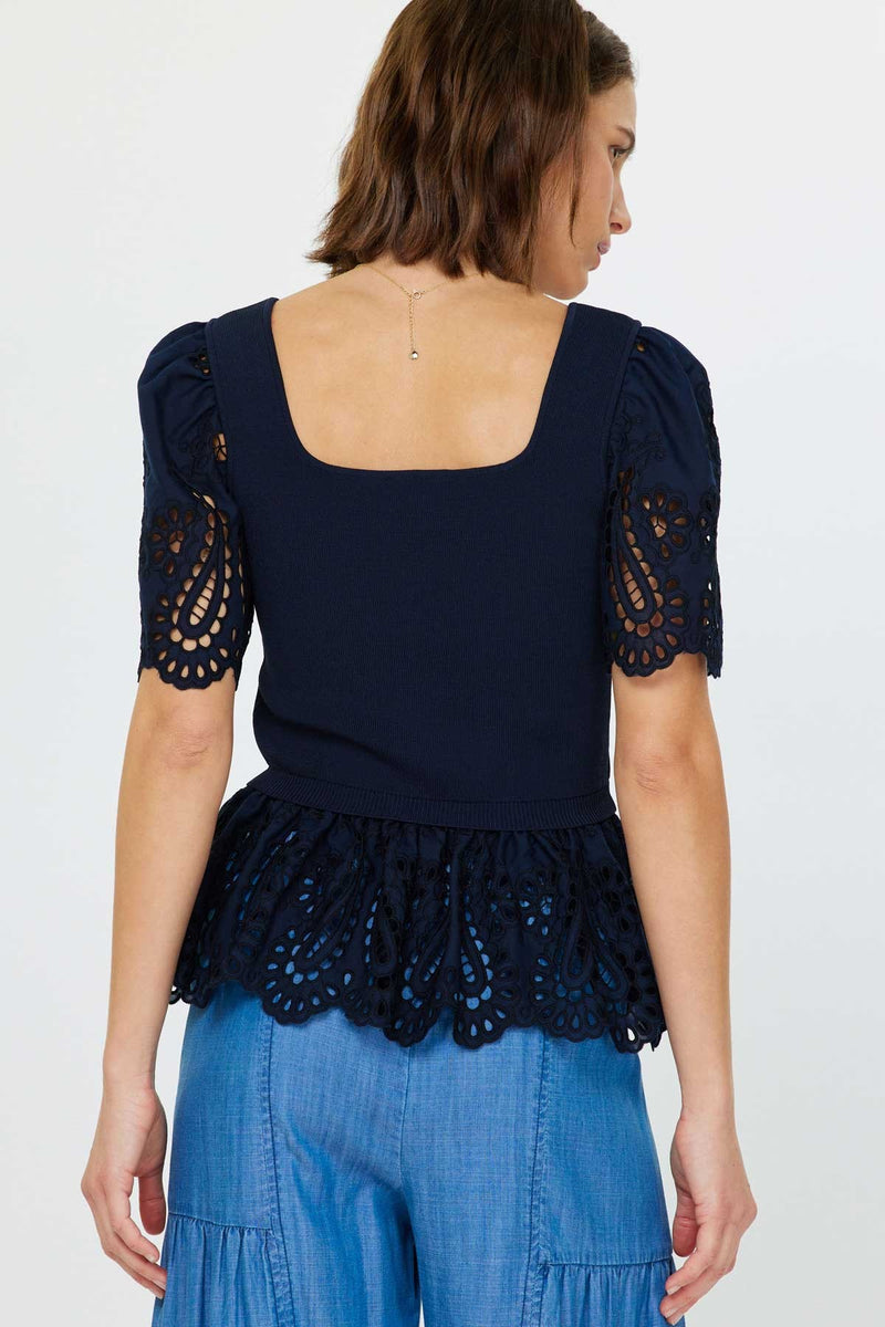 Embroidered Eyelet Puff Sleeve Peplum Top - Navy