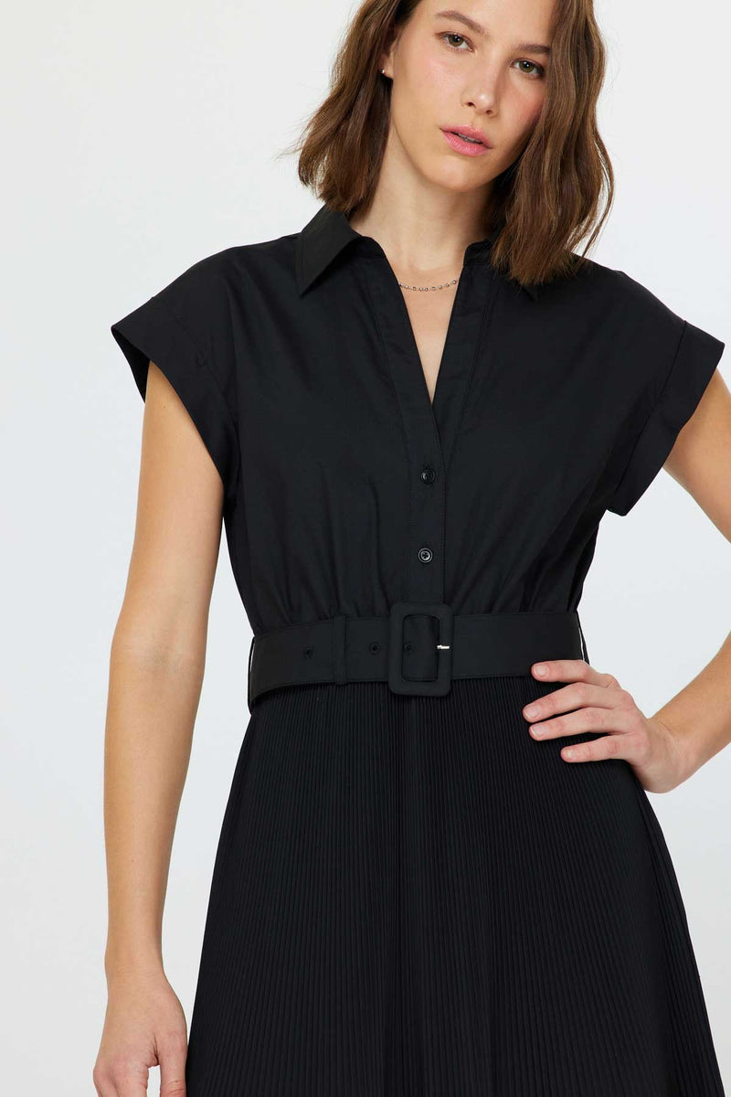 Black Cap Sleeve Shirt Dress with Pleated Skirt and Belt