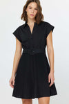 Black Cap Sleeve Shirt Dress with Pleated Skirt and Belt