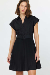 Black Cap Sleeve Shirt Dress with Pleated Skirt and Belt