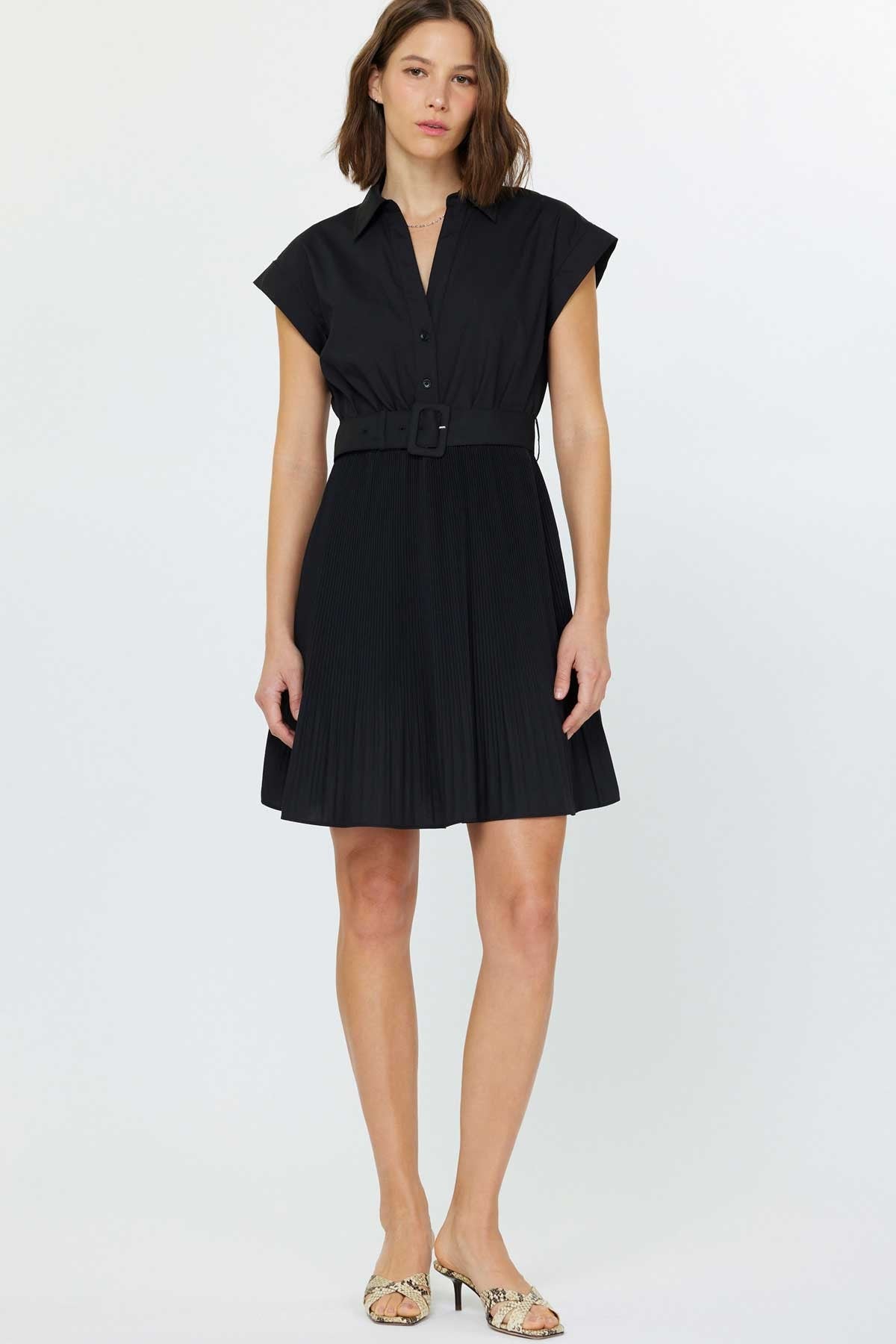 shirt dress with pleated skirt Black Cap Sleeve Shirt Dress with Pleated Skirt and Belt L