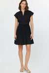 Black Cap Sleeve Shirt Dress with Pleated Skirt and Belt