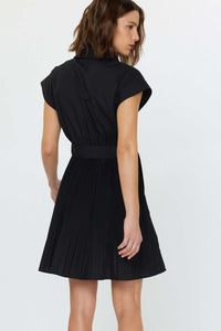 Black Cap Sleeve Shirt Dress with Pleated Skirt and Belt