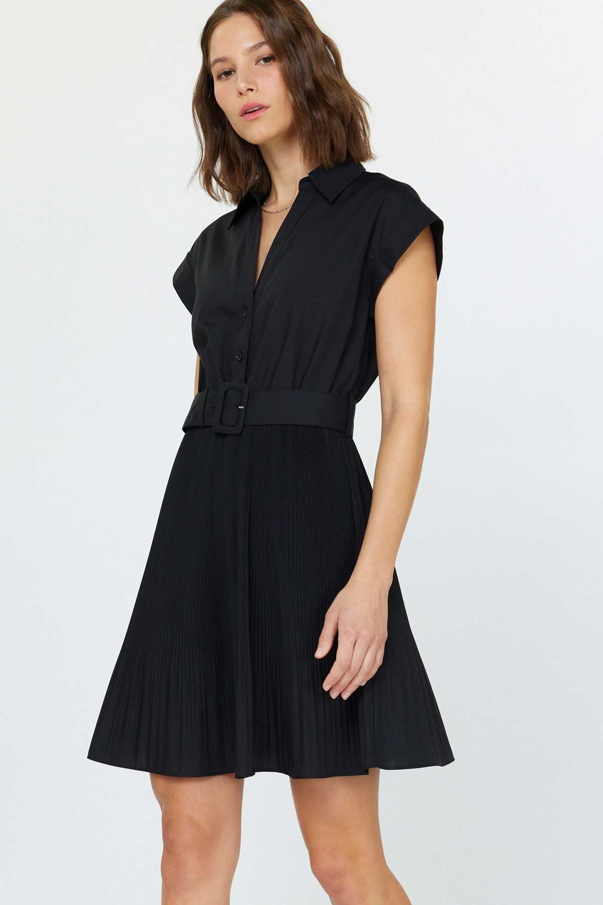 shirt dress pleated skirt Black Cap Sleeve Shirt Dress with Pleated Skirt and Belt L