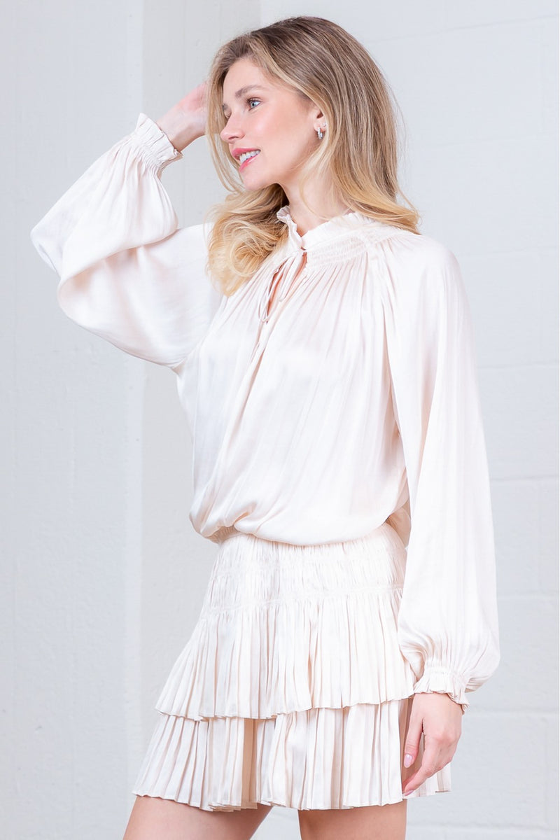 Cream Pleated Mini Dress with Smocked Waist and Blouson Sleeves