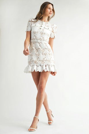White Floral Lace Short Sleeve Mini Dress with Belt and Pocket Detail