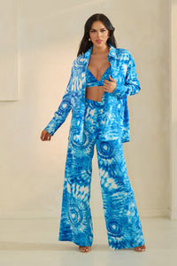 Blue Tie-Dye 3-Piece Wide-Leg Pant Set