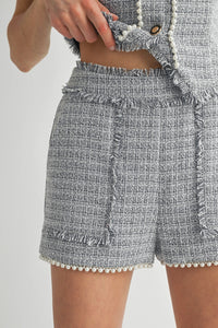 Textured Tweed Pearl-Trimmed Sleeveless Vest and High-Waisted Shorts Set