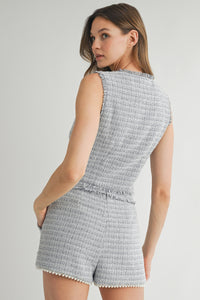 Textured Tweed Pearl-Trimmed Sleeveless Vest and High-Waisted Shorts Set