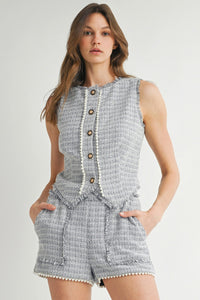 Textured Tweed Pearl-Trimmed Sleeveless Vest and High-Waisted Shorts Set