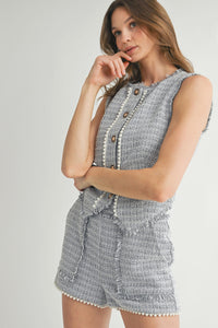 Textured Tweed Pearl-Trimmed Sleeveless Vest and High-Waisted Shorts Set