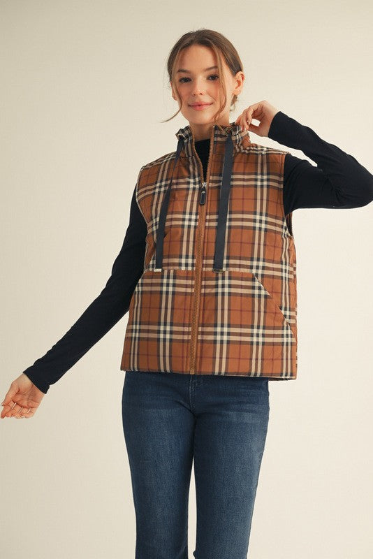 Plaid Zip-Up Puffer Vest with Drawstring Collar