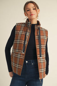 Plaid Zip-Up Puffer Vest with Drawstring Collar