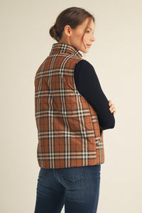 Plaid Zip-Up Puffer Vest with Drawstring Collar