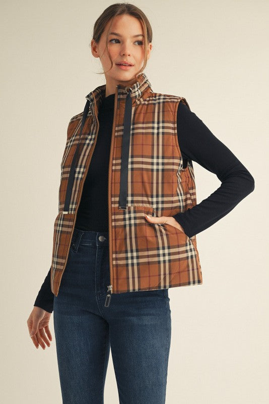 Plaid Zip-Up Puffer Vest with Drawstring Collar