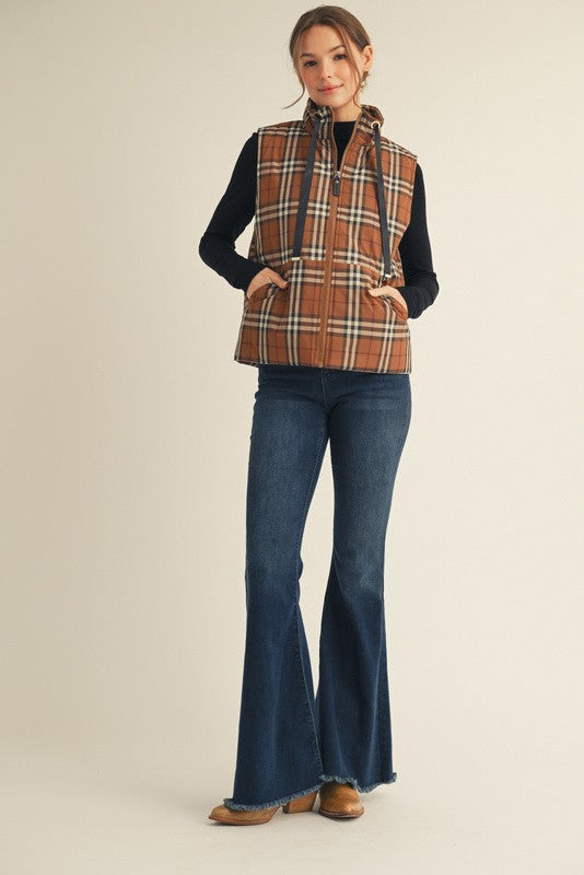 Plaid Zip-Up Puffer Vest with Drawstring Collar