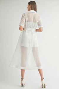 White Sheer Belted Midi Shirtdress with Short Sleeves