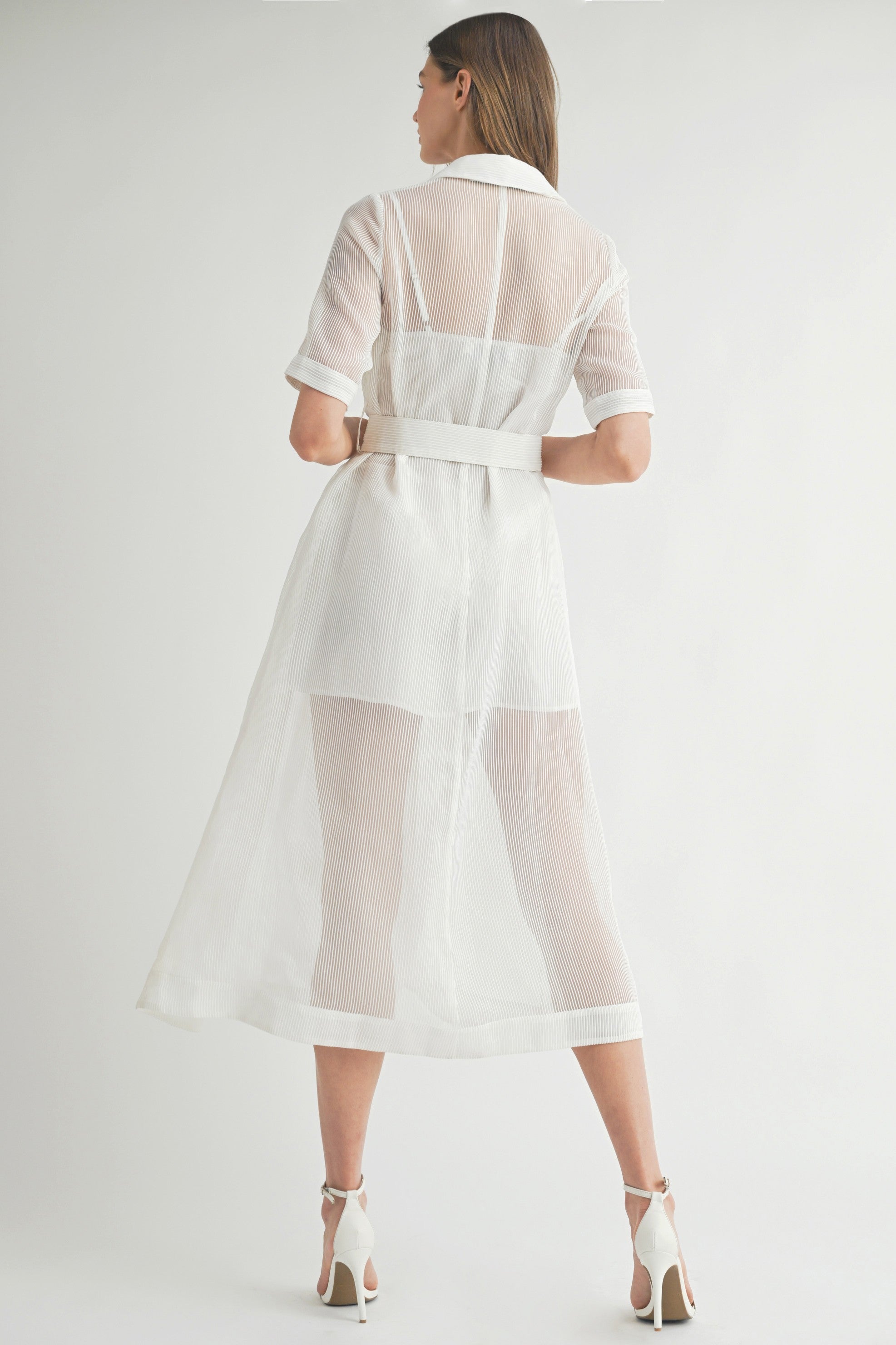 White Sheer Belted Midi Shirtdress with Short Sleeves