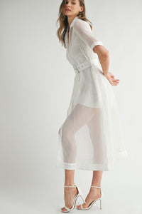 White Sheer Belted Midi Shirtdress with Short Sleeves