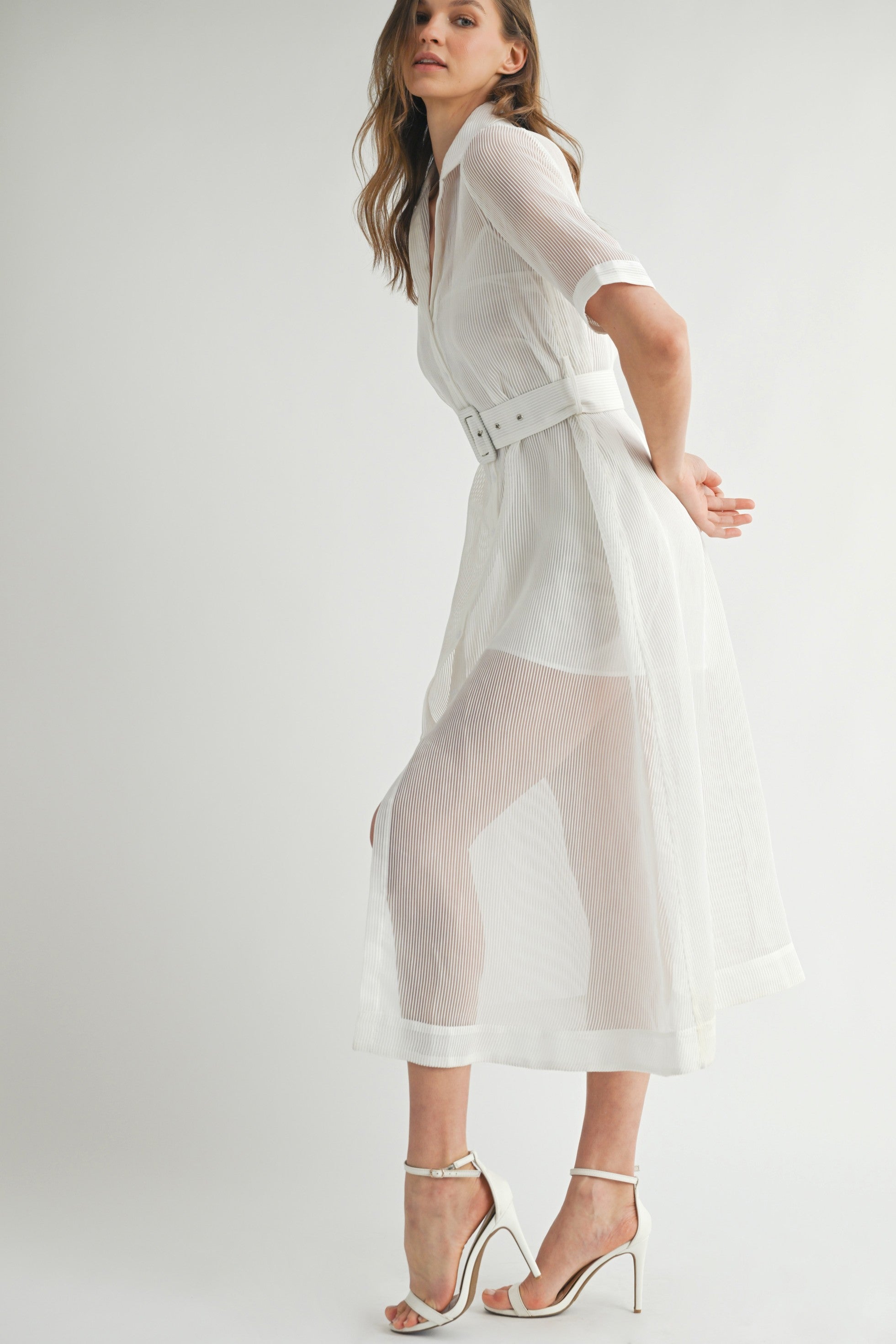 White Sheer Belted Midi Shirtdress with Short Sleeves