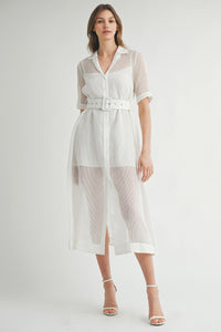White Sheer Belted Midi Shirtdress with Short Sleeves