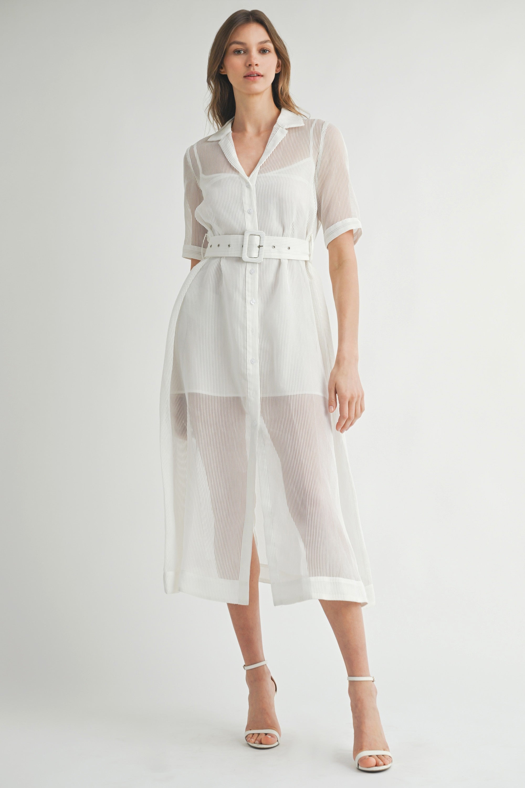 White Sheer Belted Midi Shirtdress with Short Sleeves