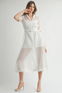 White Sheer Belted Midi Shirtdress with Short Sleeves