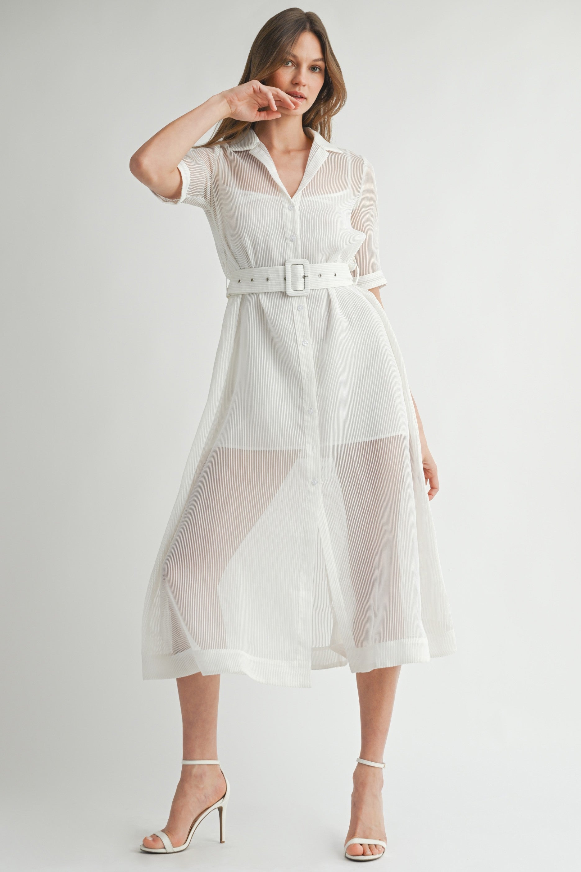White Sheer Belted Midi Shirtdress with Short Sleeves