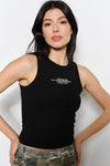 Black Ribbed Tank Top with Beaded Olive Embroidery