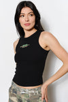 Black Ribbed Tank Top with Beaded Olive Embroidery